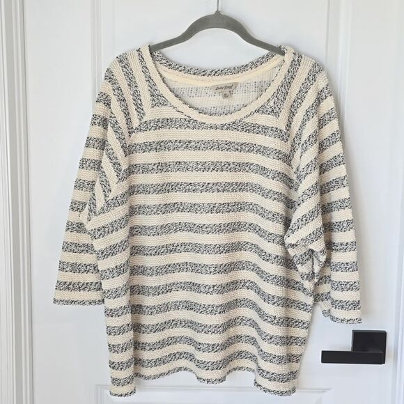 Lucky Brand Terry Cloth Striped Cream and Blue Pullover Top - Size Large - Picture 2 of 13